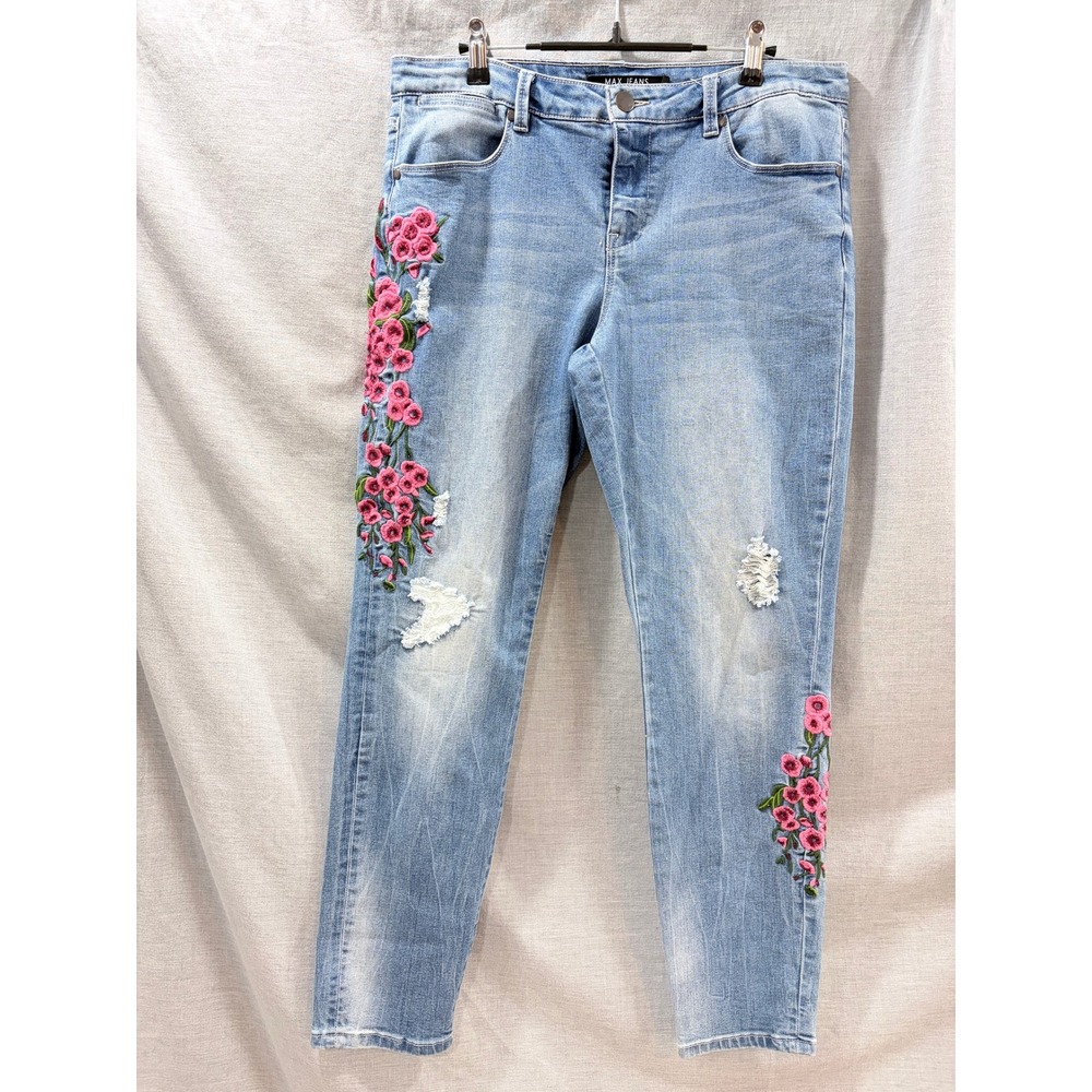 Max Jeans Floral Embroidered Distressed Mid Rise Skinny Denim Blue Jeans Size 8
